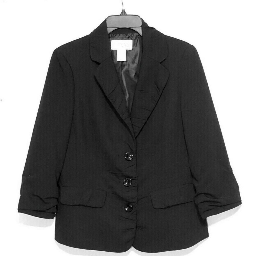 Company Ellen Tracy Solid Black 3/4 Ruched Sleeve Three Button Blazer  Size 12